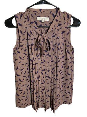 Loft Women’s Brown Sleeveless Button Up Purple Feather Pattern Tie Neck BlouseXS